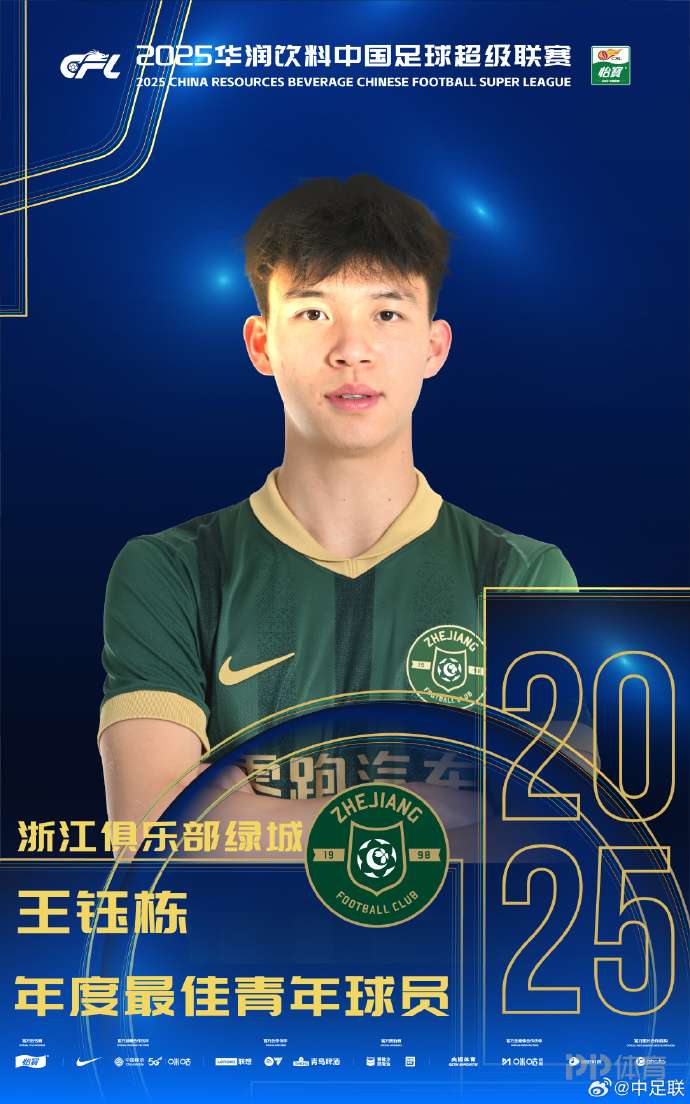 11球5助!官方:王钰栋当选2025中超最佳青年球员