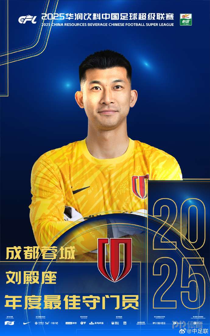 生涯首次当选!官方:刘殿座荣膺2025赛季中超最佳守门员